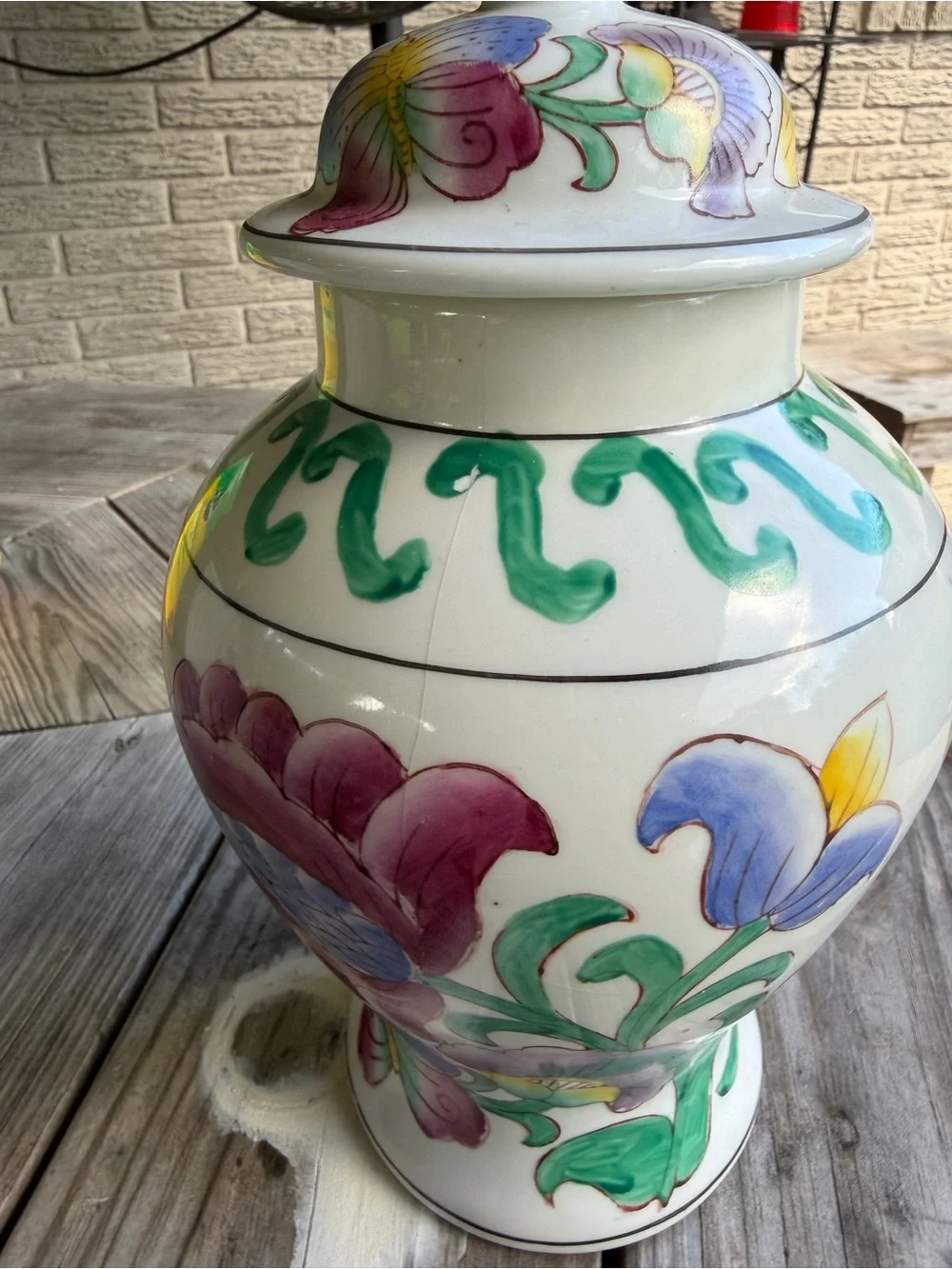 Hand-Painted Floral Ceramic Ginger Jar - White with Pink & Green